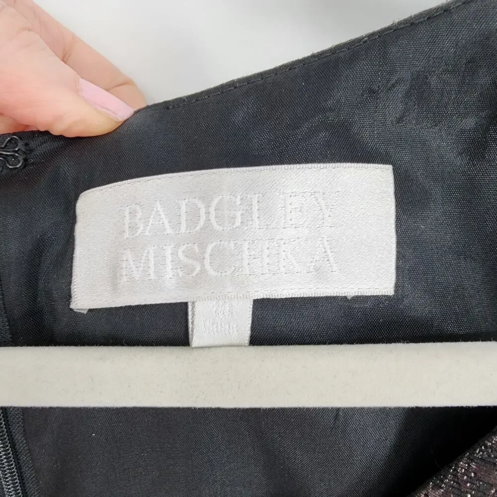 Badgley Mischka Feather Hem Cocktail Dress 10 Metallic Brocade Sleeveless Black - Picture 3 of 11